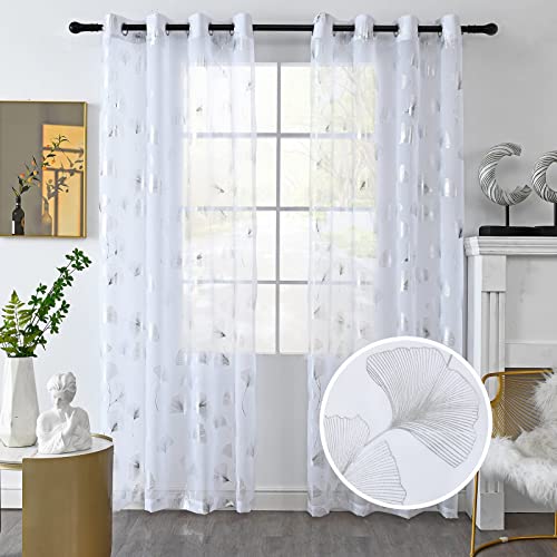youleyar Durchsichtige Voile-Vorhänge mit silberfarbenem Foliendruck, Blätter, Ösen, Fenstervorhänge 213 cm lang, luxuriöse Metallic-Bronzing-Behandlung, Paneele für Zuhause, Fensterdekoration, 2 von Youleyar