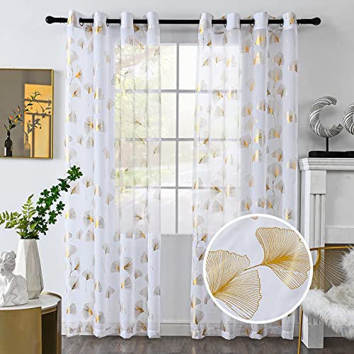 youleyar Durchsichtige Voile-Vorhänge mit Goldfolien-Druck, Blätter mit Ösen, 244 cm lang, luxuriöse Metallic-Bronzing-Behandlung, Paneele für Fensterdekoration, Zuhause, 2 Paneele von Youleyar