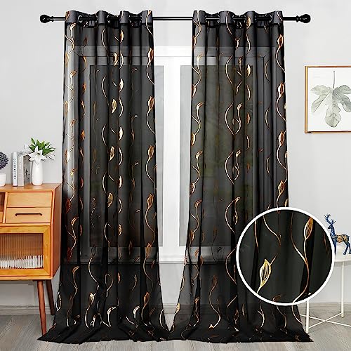 youleyar Durchsichtige Voile-Vorhänge mit Goldfolien-Druck, Fenstervorhänge mit Ösen, 244 cm lang, luxuriöse Metallic-Bronzing-Behandlung, Paneele für Fensterdekoration, Zuhause, 2 Paneele (Schwarz, von Youleyar