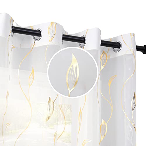 Youleyar Voile-Vorhänge mit Goldfolien-Druck, mit Ösen, Fenstervorhänge, 160 cm lang, 2 Paneele (elfenbeinfarben, 52 Wx63 L) von Youleyar