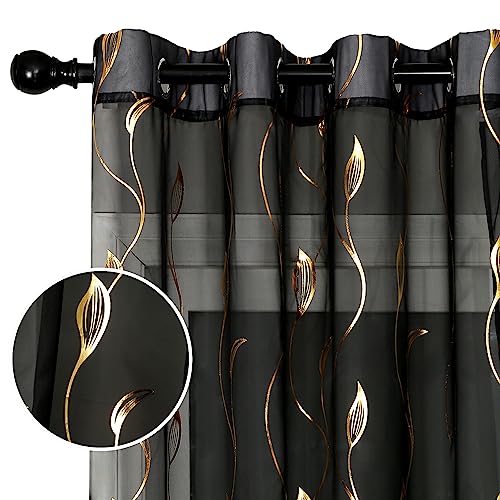 youleyar Durchsichtige Voile-Vorhänge mit Goldfolien-Druck, Fenstervorhänge aus Korbgeflecht, 183 cm lang, luxuriöse Metallic-Bronzing-Behandlung, Paneele für Fensterdekoration, Zuhause, 2 Paneele von Youleyar