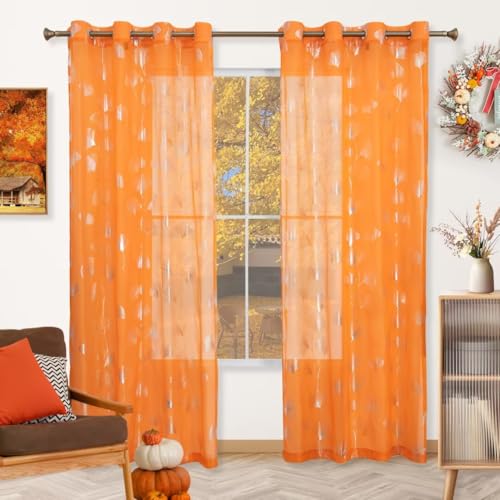 youleyar Durchsichtige Voile-Vorhänge mit Silberfolien-Druck, Blätter mit Ösen, Fenstervorhänge 213 cm lang, luxuriöse Metallic-Bronzing-Behandlung, Paneele für Fensterdekoration, 2 Paneele (Orange, von Youleyar