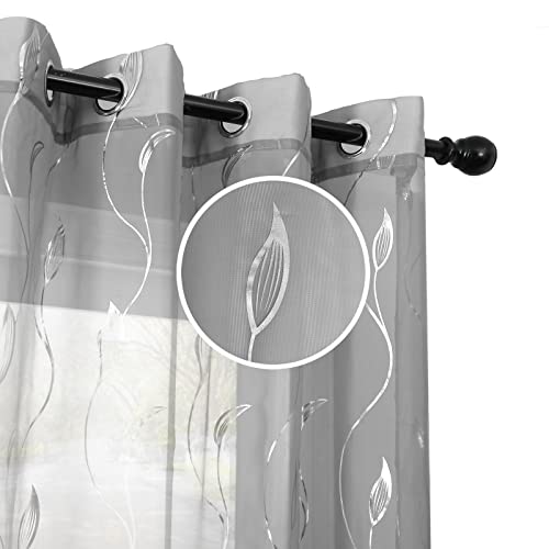 youleyar Durchsichtige Voile-Vorhänge mit silberfarbenem Foliendruck, 244 cm lang, luxuriöse Metallic-Bronzing-Behandlung, Paneele für Fensterdekoration zu Hause, 2 Paneele (Grau, 132 x 244 cm) von Youleyar
