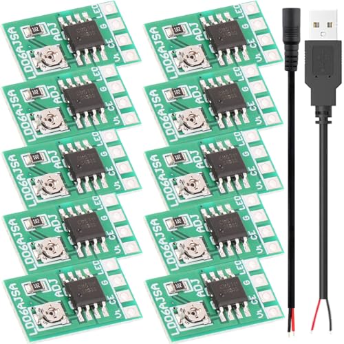 Youmile 10 Stück Strom LED Treiber Einstellbarer Strom LED-Treiber Board DC 3.3V 3.7V 5V 6V PWM Steuerplatine 30-1500mA 1.5A Konstantstrom einstellbares Modul mit USB-Steckerkabel DC-Buchsenkabel von Youmile