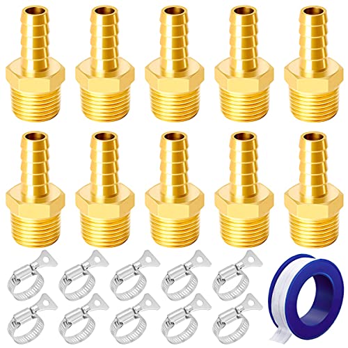 Youmile 10PCS Messing Schlauchverbindungsstücke 10 mm (3/8 Zoll) Barb x 1/4 "NPT-Außenanschlussadapter für Wasser/Kraftstoff/Luft mit 10PCS-Schlauchklemme, Gewindedichtband von Youmile