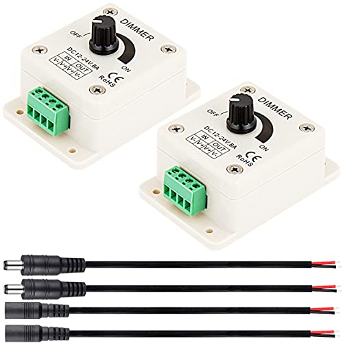 Youmile 2 Stück DC 12-24V LED PWM Dimmer Controller 8A 0%-100% PWM stufenloses Dimmen mit DC-Steckerkabel DC-Buchsenkabel, für verschiedene Lichter wie LED-Leuchten und farbige Lichter von Youmile