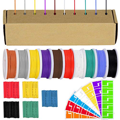 Youmile 22 AWG Silikon Elektrischer Draht Kabel Sortiments kit 300V 10 Farbe Spule Jeweils 7m/23ft 22 Gauge Litzen Silikon Leitungen Draht Verzinntes Kupfer Kabel mit Schrumpfschlauch, Drahtetiketten von Youmile