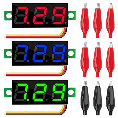 Youmile 3 Stück DC 0-100V Mini Digital Voltmeter 0,28 Zoll 3 Farbe Rot Grün Blau LED Anzeige Drei Draht Spannungsprüfer mit 9 Stück Krokodilklemme von Youmile