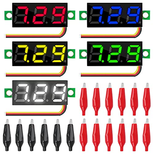 Youmile 5PCS DC 0-100V Mini Digital Voltmeter 0,28 Zoll 5 Farbe Rot Grün Gelb Blau Weiß LED Anzeige Drei Draht Spannungsprüfer mit 15PCS Krokodilklemme von Youmile