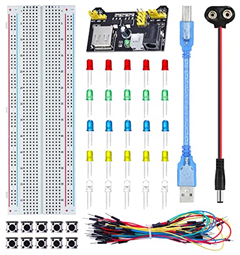 Youmile Breadboards Starter Kit für Arduino mit 830-Punkt-Breadboard, Breadboard-Stromversorgungsmodul, Jump Wire, mehrfarbiger LED-Diode, taktilem Schalter, USB-Kabel von Youmile