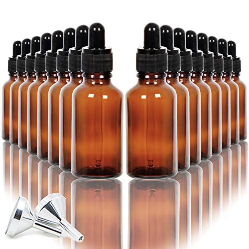 Youngever 16er Pack 30ML Tropfflaschen aus Glas für ätherische Öle, Pipettenflasche, Apothekerflaschen, 2 Mini-Trichter aus Edelstahl (Amber) von Youngever