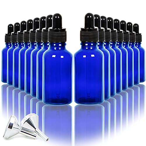 Youngever 16er Pack 30ML Tropfflaschen aus Glas für ätherische Öle, Pipettenflasche, Apothekerflaschen, 2 Mini-Trichter aus Edelstahl (Blue) von Youngever