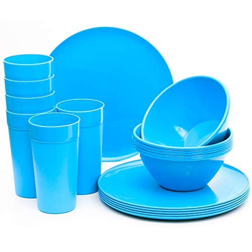 Youngever 18er Set Geschirr aus Kunststoff, Platten (25CM), Schalen (1000ML), Becher (600ML), Dienst für 6 (Blau) von Youngever