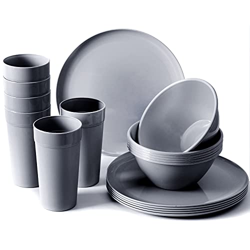 Youngever 18er Set Geschirr aus Kunststoff, Platten (25CM), Schalen (1000ML), Becher (600ML), Dienst für 6 (Dunkelgrau) von Youngever