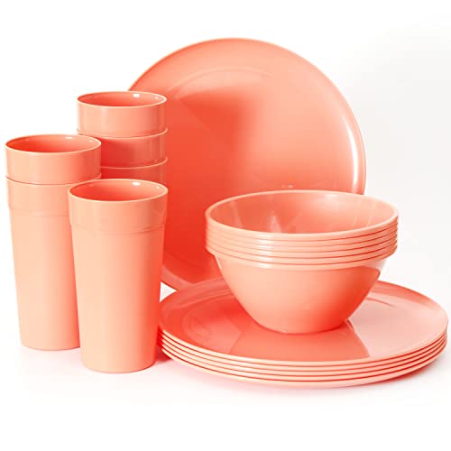 Youngever 18er Set Geschirr aus Kunststoff, Platten (25CM), Schalen (1000ML), Becher (600ML), Dienst für 6 (Peach) von Youngever