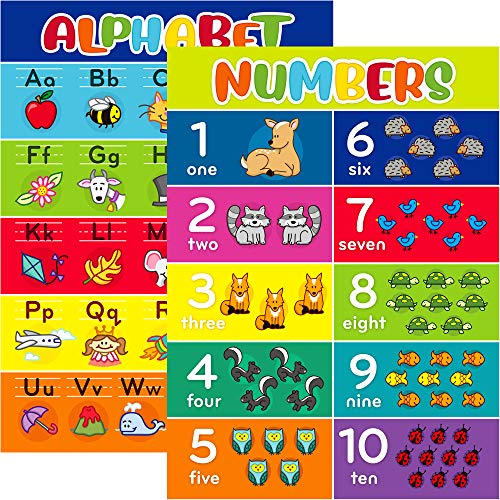 Youngever 2er Pack ABC Poster, Alphabet Poster, Zahlen 1-10 Laminierte Bildungsposter für Kleinkinder, Lehrposter, Klassenplakate (60 x 45 CM) von Youngever