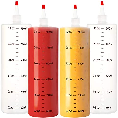 Youngever 4 Stück 1000ML Kunststoff Quetschflasche, Mehrweg Soßenflaschen Plastik, Squeeze Flasche, Sauce Flaschen von Youngever