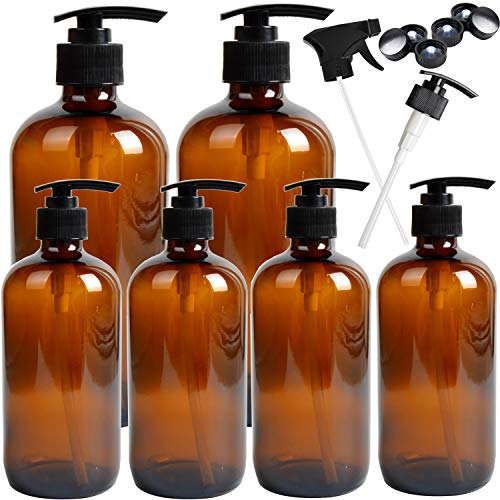 Youngever 6er Set Leere Pumpflaschen aus Glas, 2er Set 500ML und 4er Set 250ML Pumpflaschen, Seifenspender, Nachfüllbare Behälter (Amber) von Youngever