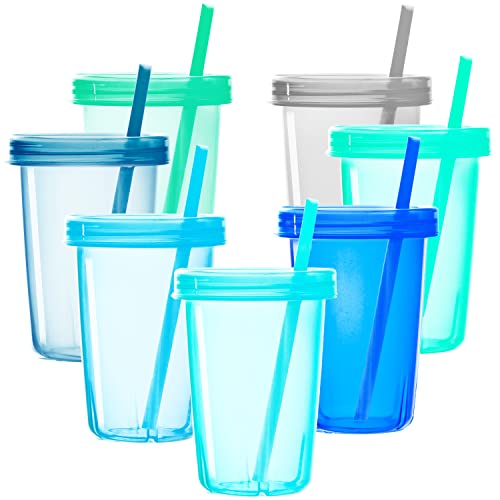 Youngever 7er Pack Kinderbecher mit Strohhalm, 7 Wiederverwendbare Kunststoff Kleinkindbecher mit Deckel Strohhalm (Coastal) von Youngever