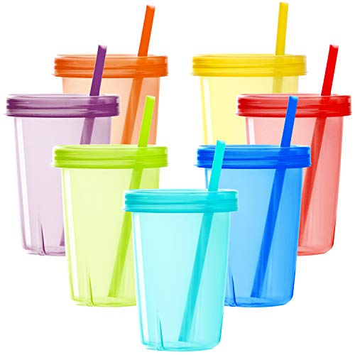 Youngever 7er Pack Kinderbecher mit Strohhalm, 7 Wiederverwendbare Kunststoff Kleinkindbecher mit Deckel Strohhalm in 7 verschiedenen Farben von Youngever