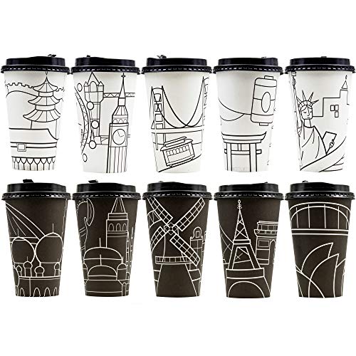 Youngever 500ML Einwegbecher Kaffeebecher mit Deckeln, zu gehen heiße Kaffeetassen, langlebige Papiertassen mit Deckeln (70 sets Stadt Skyline) von Youngever