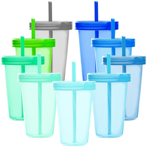 Youngever 9 Sets 500ML Kunststoffbecher mit Deckel und Trinkhalmen, Wiederverwendbare Kunststoffbecher mit Trinkhalmen in 9 Farben (Coastal) von Youngever