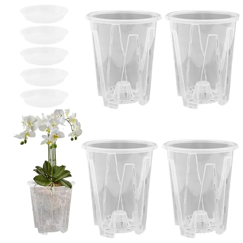 5 Stück Klare Orchideentöpfe Transparente Kunststoff Orchideen Pflanztöpfe Orchideentopf Orchideen Blumentöpfe mit Drainageloch Atmungsaktiver Geschlitzter Orchidee Blumentopf Übertopf (14cm+Tablett) von Youning