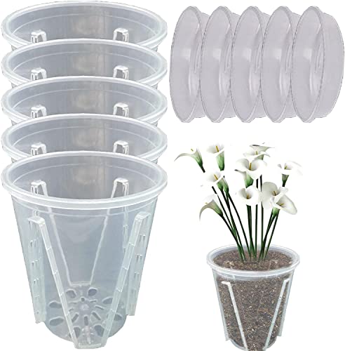 5 Stück Orchideentopf Transparent Orchideentöpfe Übertopf mit Untertassen Kunststoff Orchideentopf Pflanztöpfe für Orchideen Orchidee Blumentopf für Indoor Outdoor Balkon Schreibtisch (18cm+Tablett) von Youning