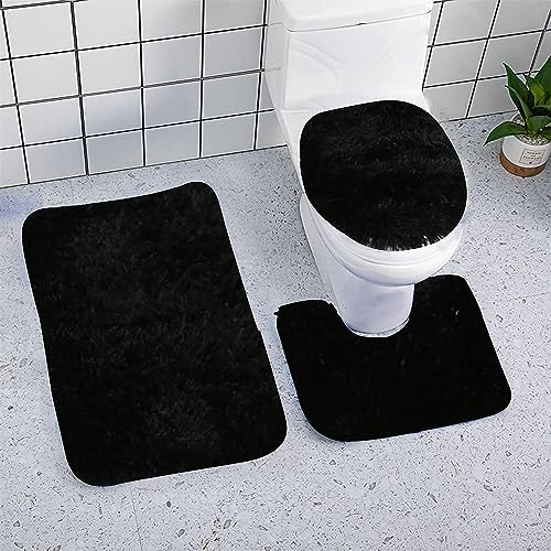 Youning 3 Teiliges Set Badteppich rutschfeste Shaggy Badematte Flauschig Plüsch Contour Badteppich Konturmatte Soft Langflor Toilettensitzbezug WC-Deckelabdeckung (Schwarz) von Youning