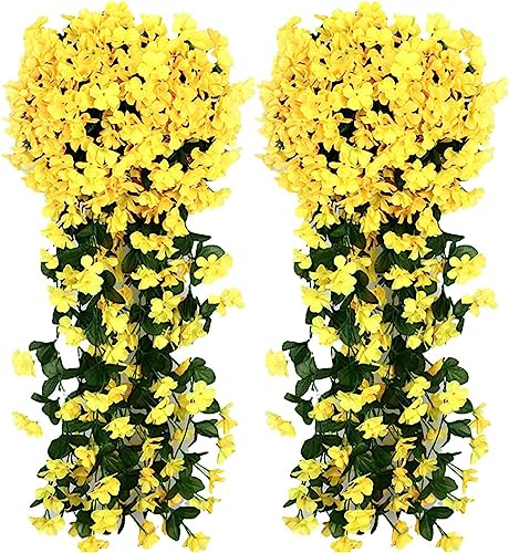 Youning Künstlich Hängende Blumen Kunstblumen Violette Blumen Wand Glyzinien Künstliche Hängepflanzen Bunte Hängende Plastikblumen für Büro Zuhause Party Hochzeit Haus Dekoration (2PCS Gelb) von Youning