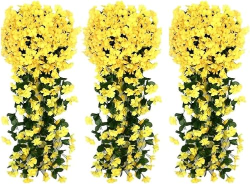 Youning Künstlich Hängende Blumen Kunstblumen Violette Blumen Wand Glyzinien Künstliche Hängepflanzen Bunte Hängende Plastikblumen für Büro Zuhause Party Hochzeit Haus Dekoration (3PCS Gelb) von Youning