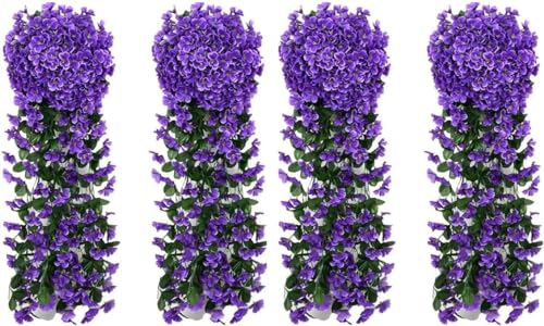 Youning Künstlich Hängende Blumen Kunstblumen Violette Blumen Wand Glyzinien Künstliche Hängepflanzen Bunte Hängende Plastikblumen für Büro Zuhause Party Hochzeit Haus Dekoration (4PCS Dunkelviolett) von Youning