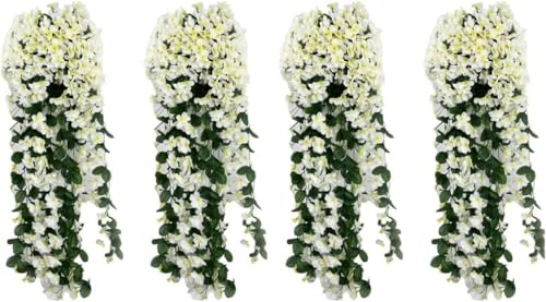 Youning Künstlich Hängende Blumen Kunstblumen Violette Blumen Wand Glyzinien Künstliche Hängepflanzen Bunte Hängende Plastikblumen für Büro Zuhause Party Hochzeit Haus Dekoration (4PCS Weiß) von Youning