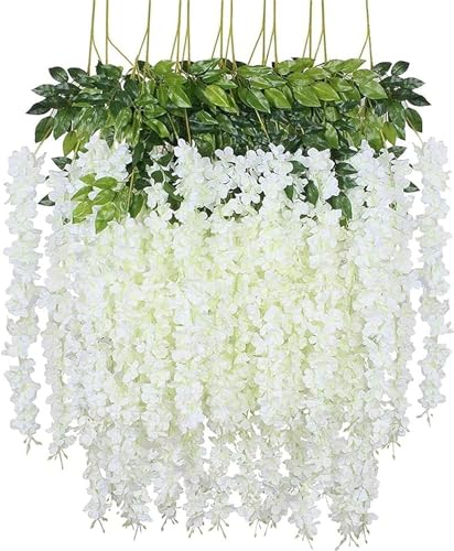 Youning Künstliche Glyzinien Blumen Kunstblumen Heimdekoration Gefälschte Wisteria Vine Kunstpflanzen Hängende Blauregen Hangend Vine Seidenblumen Künstliche Blumen Rebe Frühling Dekor (Reines Weiß) von Youning