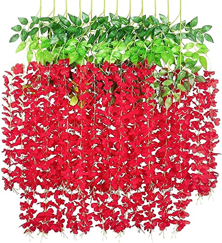 Youning Künstliche Glyzinien Blumen Kunstblumen Heimdekoration Gefälschte Wisteria Vine Kunstpflanzen Hängende Blauregen Hangend Vine Seidenblumen Künstliche Blumen Rebe Frühling Dekor (Rot) von Youning