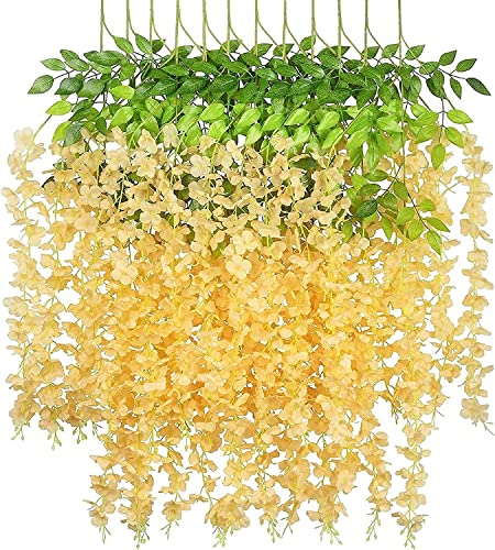 Youning Künstliche Glyzinien Blumen Kunstblumen Heimdekoration Gefälschte Wisteria Vine Kunstpflanzen Hängende Blauregen Hangend Vine Seidenblumen Künstliche Blumen Rebe Frühling Dekor (Champagner) von Youning