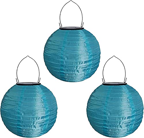 Youning Lampions Außen Wetterfest Solar LED Laterne Wasserdicht Hängende Solar Lampion für Außen 30cm Solarlaterne Outdoor Deko Nylon Papier Laterne Runde Gartenlampions Außenlaternen (3PCS/Blau) von Youning