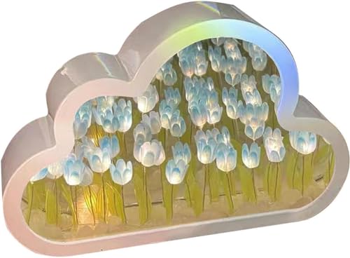 Youning Tulpen Lampe Wolke Tulpenspiegel Nachtlicht LED Tulpen Wolkenlampe 2 in 1 Wolken Tulpen Nachtlicht mit Spiegel für Schlafzimmer,Wohnzimmer,Desktop,Heimdekoration (Blau) von Youning