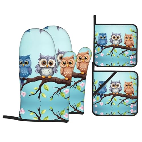 Owls on a branch Oven Mitts Topflappen Set mit 4 Ofenhandschuhen für die Küche, wasserdichte Topflappen, hitzebeständige Ofenhandschuhe zum Grillen, Kochen, Backen von YoupO