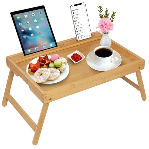Bett Tablett Tisch mit faltbaren Beinen, Bambus Frühstück Food Tablett mit Media Slot, Verwendung als Platte, Laptop Schreibtisch, Snack, TV Tablett Küche Serving Tablett (Bambus groß) von Youpehom
