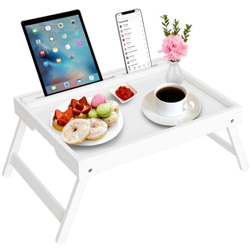 Bett Tablett Tisch mit faltbaren Beinen, Bambus Frühstück Food Tablett mit Media Slot, Verwendung als Platte, Laptop Schreibtisch, Snack, TV Tablett Küche Serving Tablett (Weiß Groß) von Youpehom