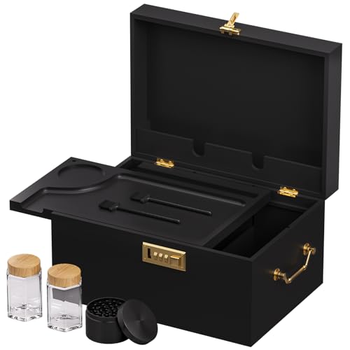 Youpehom Extra große Bambusbox, verschlossene Aufbewahrungsboxen mit Zahlenschloss, Holzschlossbox mit Deckel, Holzbox mit abnehmbarem Tablett und Gläsern (schwarz) von Youpehom