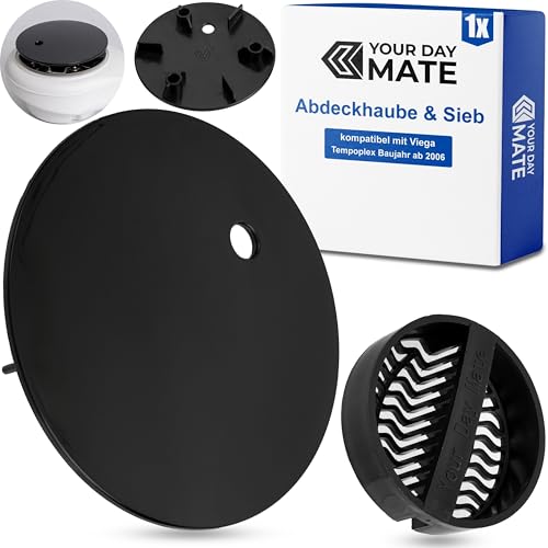 Abdeckhaube Set mit Haarsieb für Duschabfluss, Ø 115 mm, kompatibel mit Viega Tempoplex Ablauf ab Baujahr 2006, schwarzer ABS ASA Deckel und Haarfilter, Kappe Dusche Abfluss, Garnitur Abdeckung Wanne von Your Day Mate