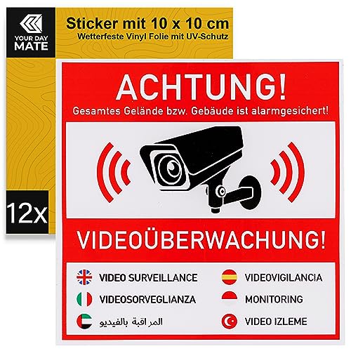 Aufkleber Set "ACHTUNG! VIDEOÜBERWACHUNG!", 12 Stück, 10 x 10 cm, selbstklebende Folie, Warnhinweis Sticker Innen- und Außenbereich, Video Überwachung Klebesticker, Kamera Hinweisschild in 7 Sprachen von Your Day Mate