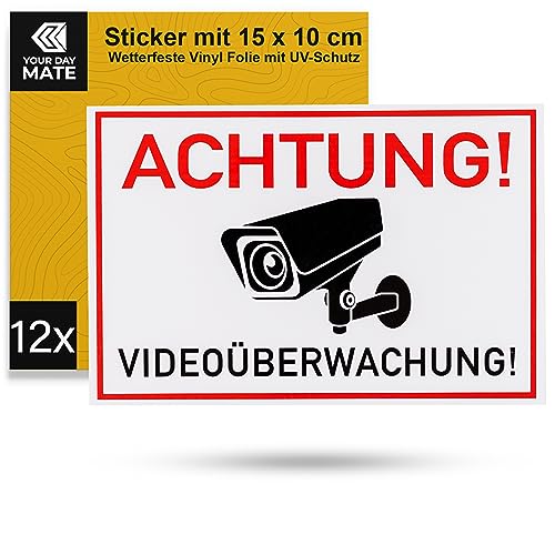 Aufkleber Set "Achtung! Videoüberwachung!", 12 Stück, 15 x 10 cm, selbstklebende Folie, Sticker zum Kleben für Innen- und Außenbereich, Video Überwachung Hinweisfolie, Kamera Video Warnhinweis Schild von Your Day Mate