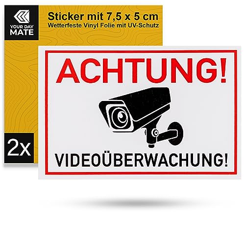 Aufkleber Set "Achtung! Videoüberwachung!", 2 Stück, 7,5 x 5 cm, selbstklebende Folie, Klebesticker für Innen- und Außenbereich, Video Überwachung Warnung Sticker, Video Kamera Hinweisschild kleben von Your Day Mate