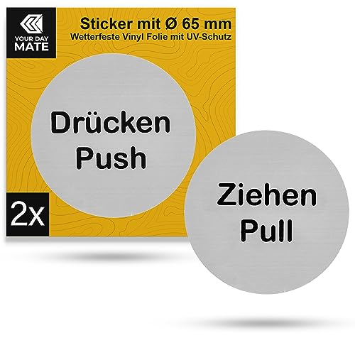 Aufkleber Set "Drücken Ziehen Push Pull", 1 Paar, Ø 65 mm, doppelseitige selbstklebende Folie, Klebeseite bei "Ziehen", Türschild Klebepad für Innen- und Außenbereich, Hinweis Schild Klebesticker Kit von Your Day Mate