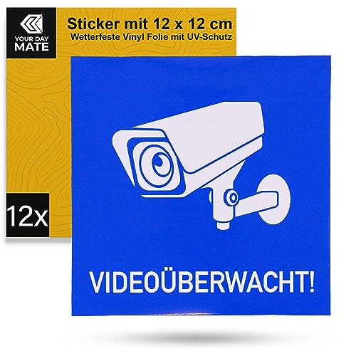 Aufkleber Set "Videoüberwacht!", 12 Stück, 12 x 12 cm, selbstklebende Folie, Sticker zum Kleben für Innen- und Außenbereich, Video Kamera Überwachung Hinweis, Warnhinweis Überwachung Videokamera Kit von Your Day Mate