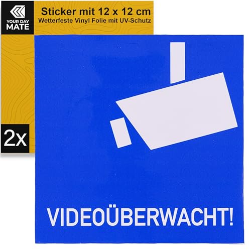 Aufkleber Set "Videoüberwacht!", 2 Stück, 12 x 12 cm, selbstklebende Folie, Sticker zum Kleben für Innen- und Außenbereich, Video Kamera Überwachung Hinweis, Warnhinweis Überwachung Videokamera Kit von Your Day Mate