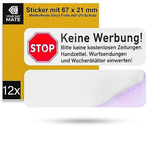 Briefkastenaufkleber "Keine Werbung", 12 Stück, 67 x 21 mm, selbstklebende Folie, Briefkastenschild für Innen- und Außenbereich, Keine Reklame Aufkleber, Schild gegen Werbung, Briefkastenwerbung Stop von Your Day Mate